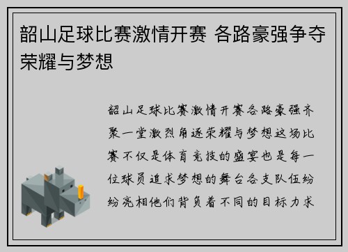 韶山足球比赛激情开赛 各路豪强争夺荣耀与梦想