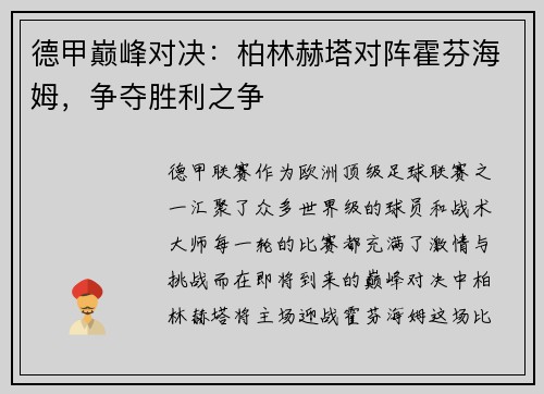 德甲巅峰对决：柏林赫塔对阵霍芬海姆，争夺胜利之争