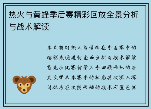 热火与黄蜂季后赛精彩回放全景分析与战术解读