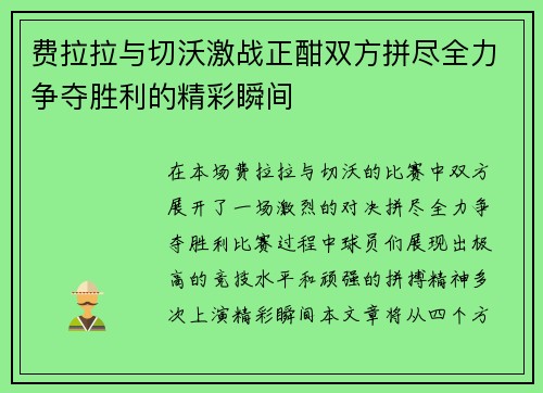 费拉拉与切沃激战正酣双方拼尽全力争夺胜利的精彩瞬间