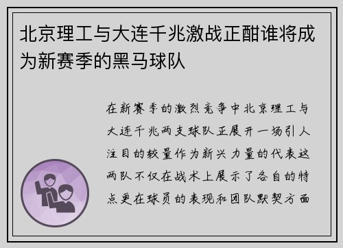 北京理工与大连千兆激战正酣谁将成为新赛季的黑马球队