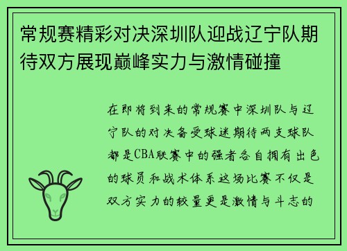 常规赛精彩对决深圳队迎战辽宁队期待双方展现巅峰实力与激情碰撞