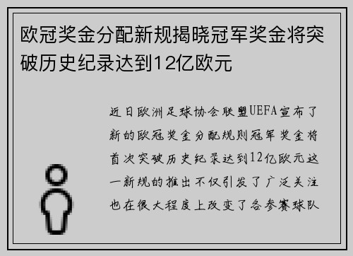 欧冠奖金分配新规揭晓冠军奖金将突破历史纪录达到12亿欧元