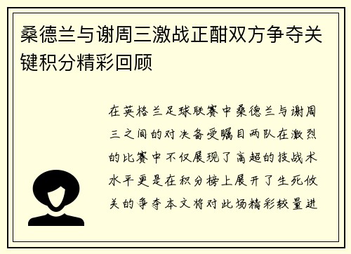 桑德兰与谢周三激战正酣双方争夺关键积分精彩回顾