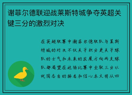 谢菲尔德联迎战莱斯特城争夺英超关键三分的激烈对决