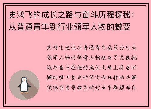 史鸿飞的成长之路与奋斗历程探秘：从普通青年到行业领军人物的蜕变