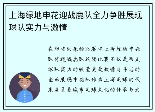 上海绿地申花迎战鹿队全力争胜展现球队实力与激情