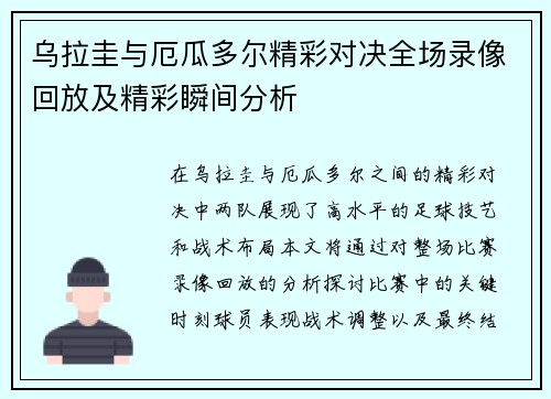 乌拉圭与厄瓜多尔精彩对决全场录像回放及精彩瞬间分析