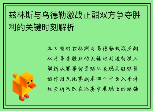 兹林斯与乌德勒激战正酣双方争夺胜利的关键时刻解析