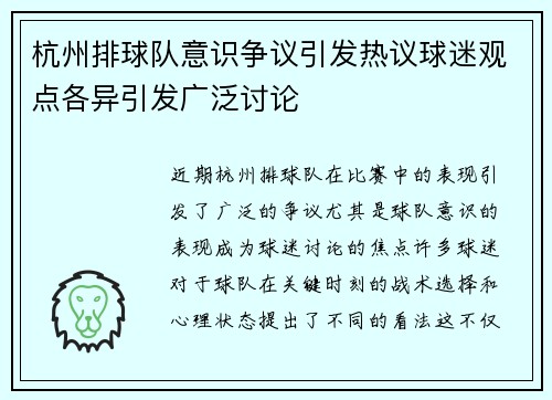 杭州排球队意识争议引发热议球迷观点各异引发广泛讨论