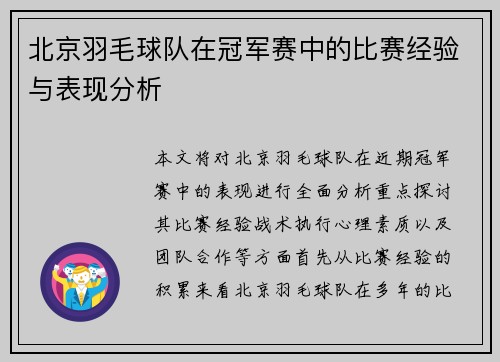 北京羽毛球队在冠军赛中的比赛经验与表现分析