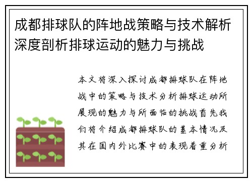 成都排球队的阵地战策略与技术解析深度剖析排球运动的魅力与挑战