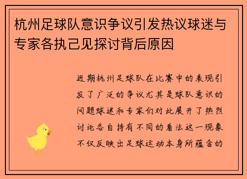 杭州足球队意识争议引发热议球迷与专家各执己见探讨背后原因